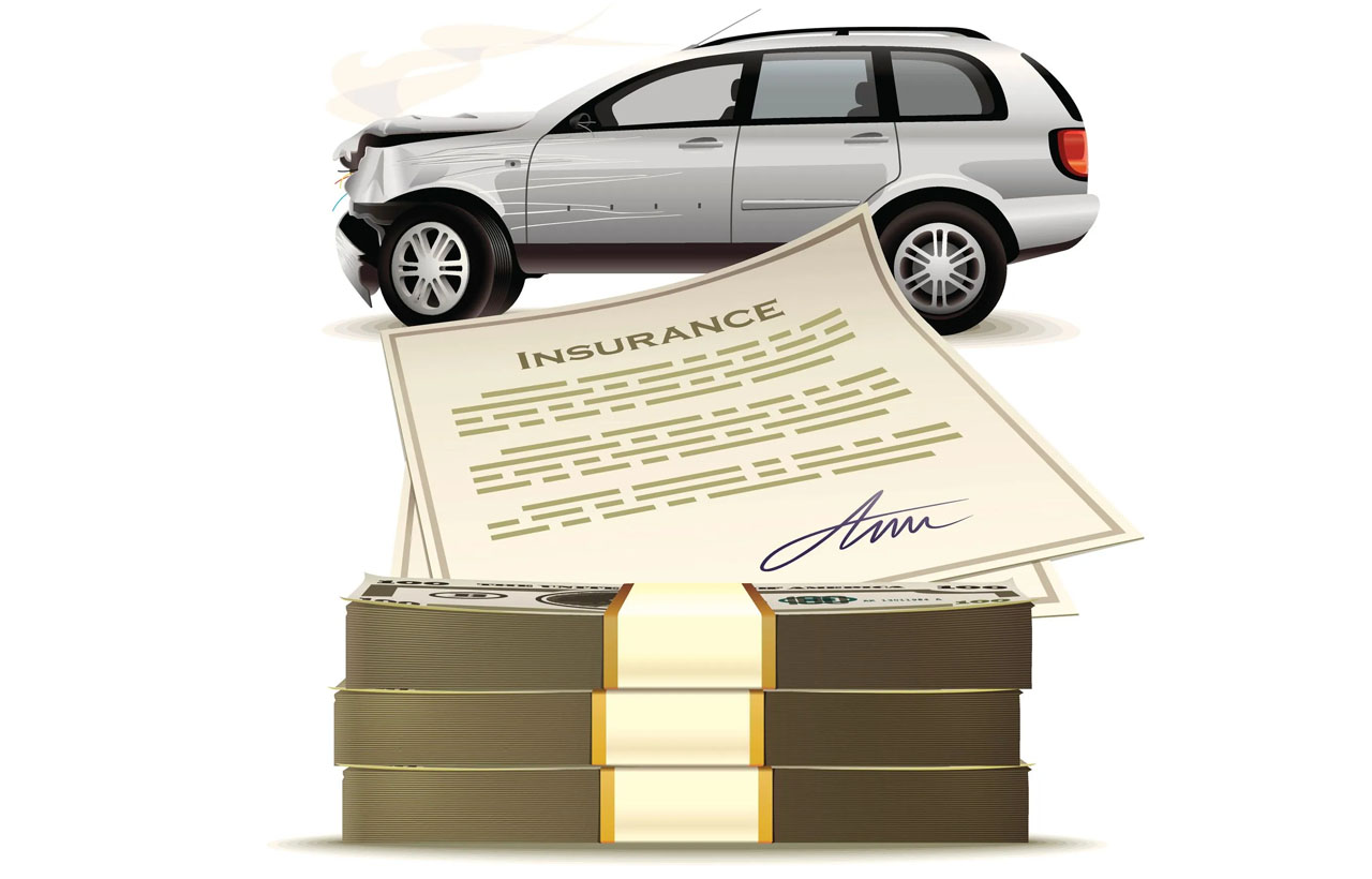 A damaged SUV with a crumpled front is shown behind a large Illinois Insurance Center document and stacks of cash, symbolizing a car insurance payout after an accident.
