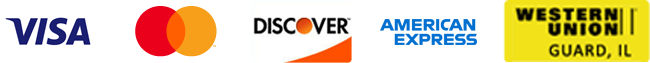 Logos of payment methods from left to right: Visa, Mastercard, Discover, American Express, and Western Union (with "GUARD, IL" text in black on yellow background), as featured by Illinois Insurance Center.