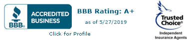 BBB Accredited Business badge with an A+ rating as of 5/27/2019 and a Trusted Choice Independent Insurance Agents logo, representing Illinois Insurance Center. Text reads "Click for Profile.
