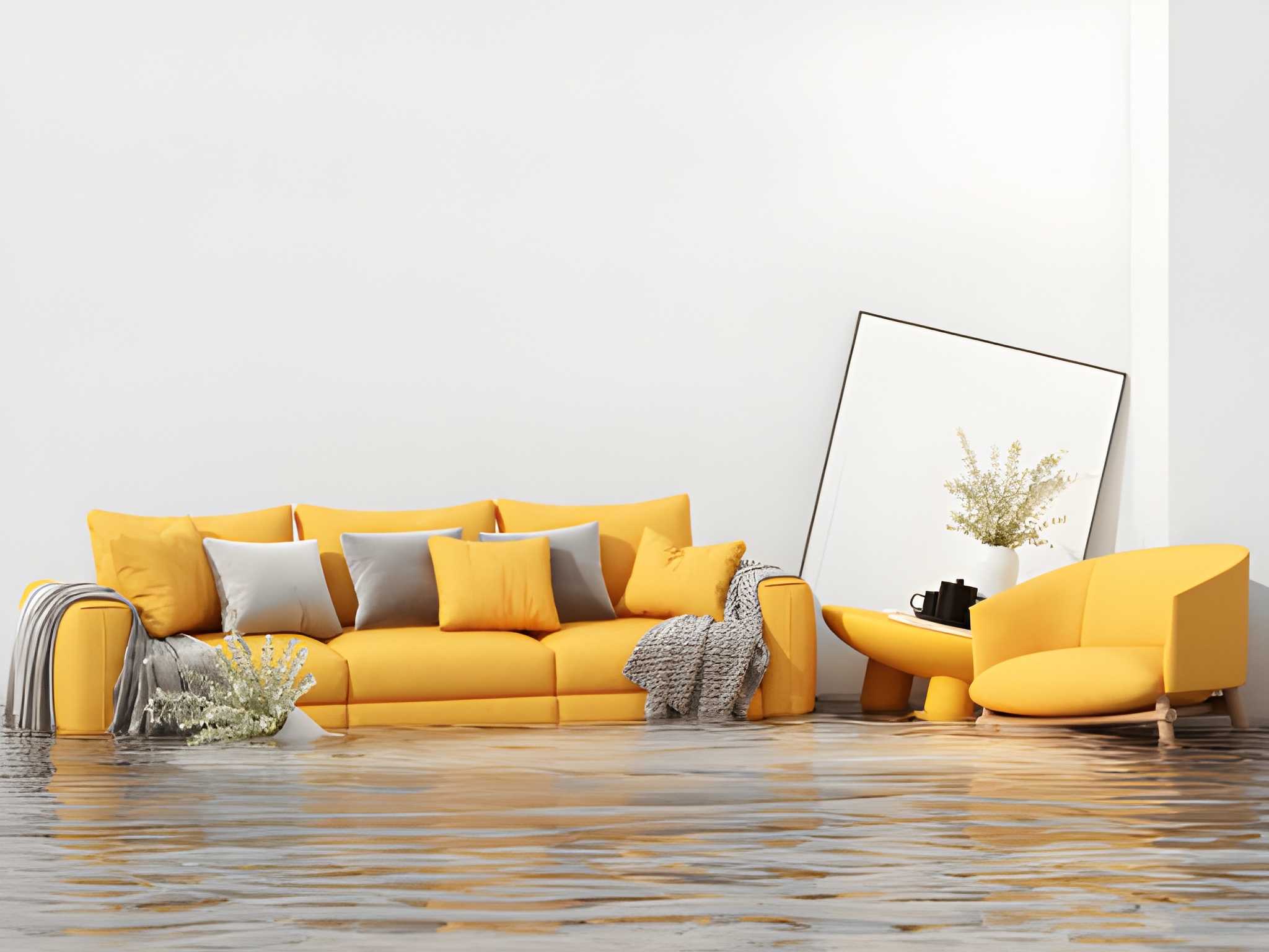 A modern living room with a yellow sofa, gray and white pillows, and floral decor is flooded with water in Algonquin, IL, partially submerging the furniture—a reminder of the importance of Flood Insurance in Algonquin.