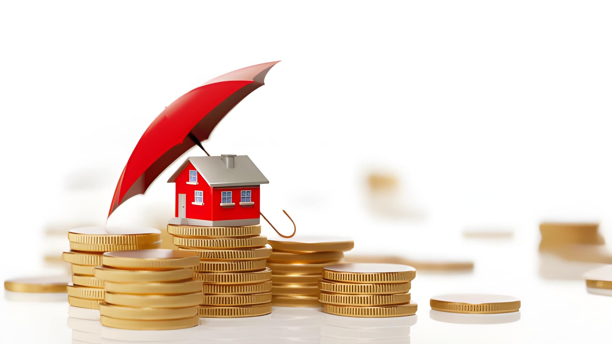 A small red house model sits atop stacks of gold coins, shielded by a red umbrella—symbolizing the protection offered by Algonquin homeowners insurance. The white background features additional scattered coins.