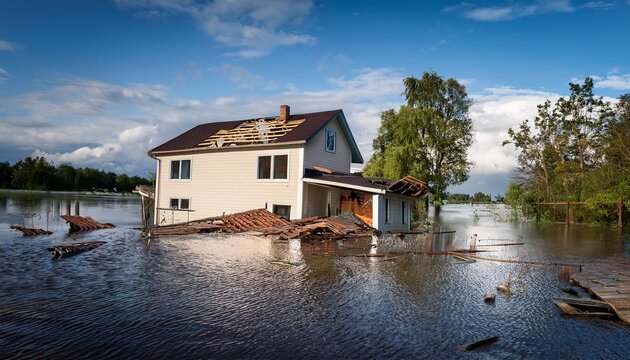 A two-story house is surrounded by floodwater that has risen to the base of the structure, covering the yard and nearby debris. Parts of the roof and exterior appear damaged, with broken wood and structural materials floating in the water. Trees and a partially submerged shoreline are visible in the background, emphasizing the severity of the flooding and property damage.