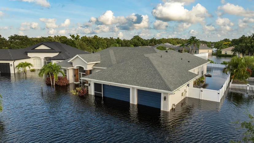 A suburban Bensenville IL neighborhood with houses partially submerged in floodwater; water reaches garages and yards, while trees and plants stand in the flooded area under a partly cloudy sky—a reminder of the importance of Homeowners Insurance.