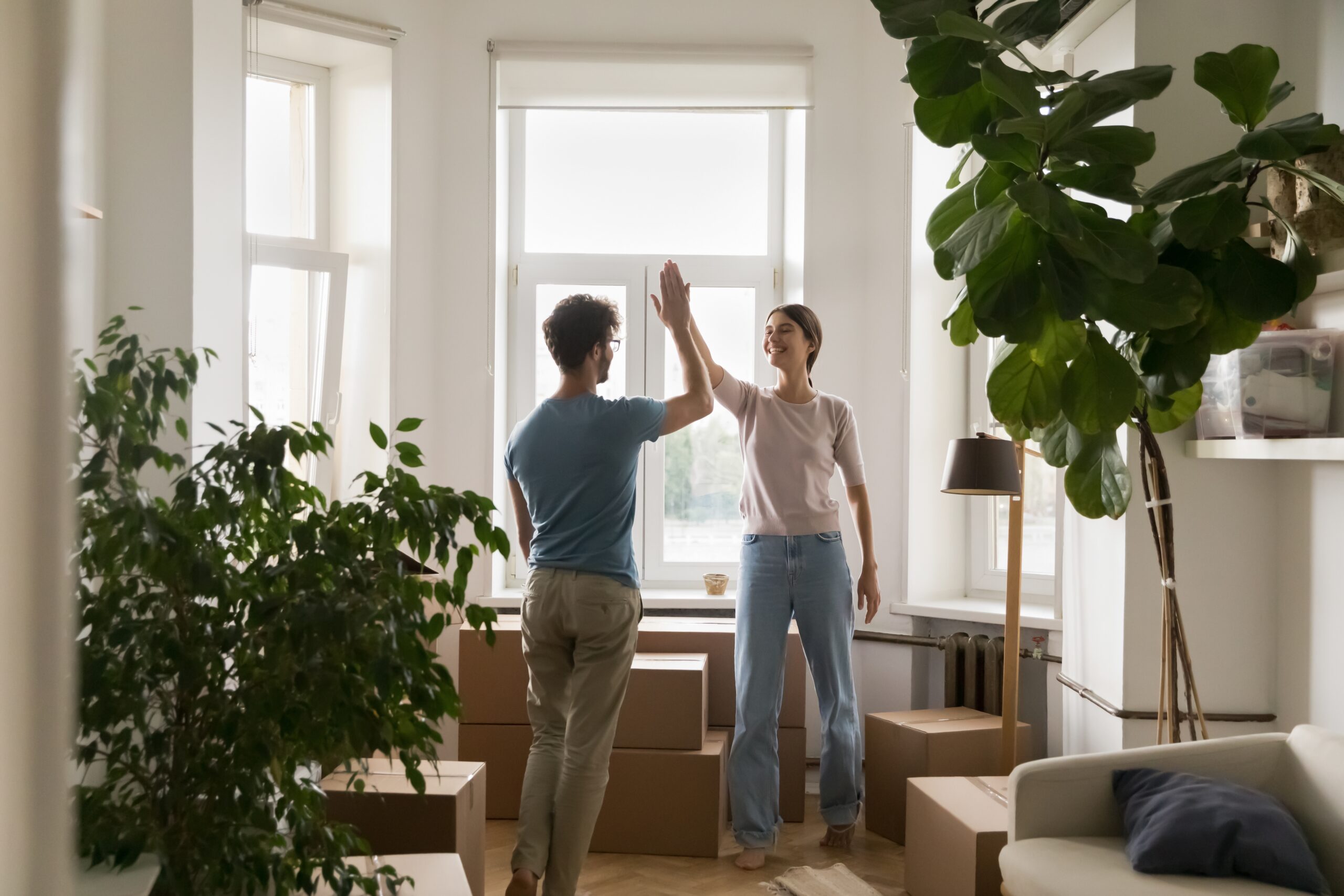 Two people stand in a bright room surrounded by cardboard boxes, giving each other a high five. Large windows, green plants, and moving boxes suggest they’re celebrating moving in—with peace of mind from Bloomingdale homeowners insurance.
