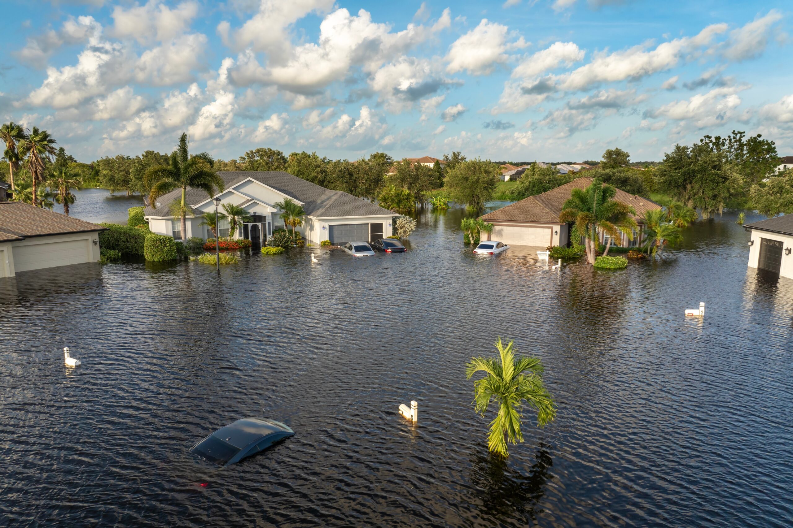 Flooded residential neighborhood with water covering streets and lawns up to houses; partially submerged cars and palm trees visible—a clear reminder of why Bolingbrook IL homeowners insurance is essential. Blue sky with scattered clouds overhead.