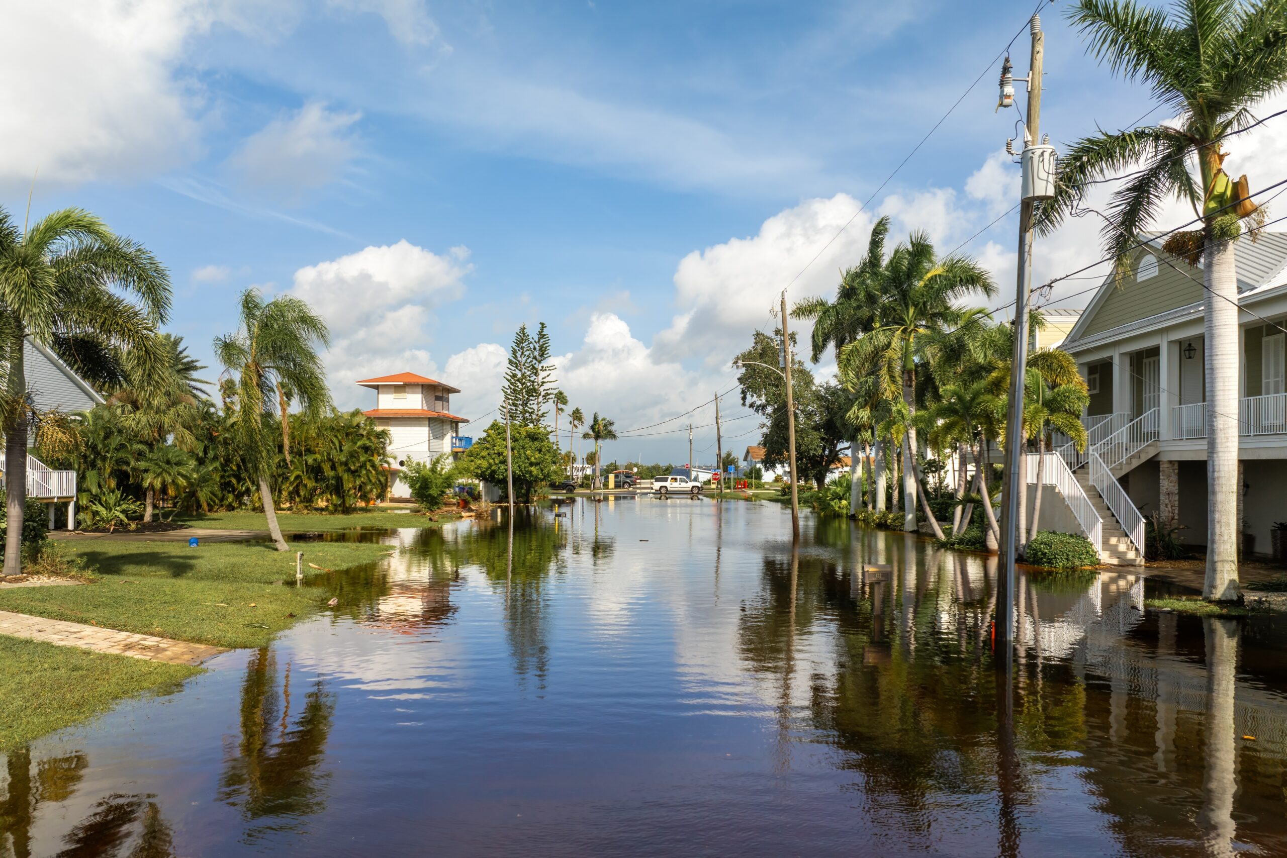 A flooded residential street with water covering road and lawns, surrounded by palm trees and houses—reminding Addison homeowners insurance policyholders how essential coverage is under a partly cloudy sky.
